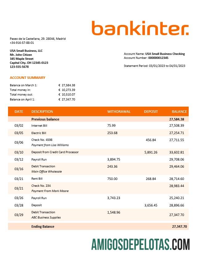 Baixável Bankinter Enterprise Statement Modelo Word e PDF